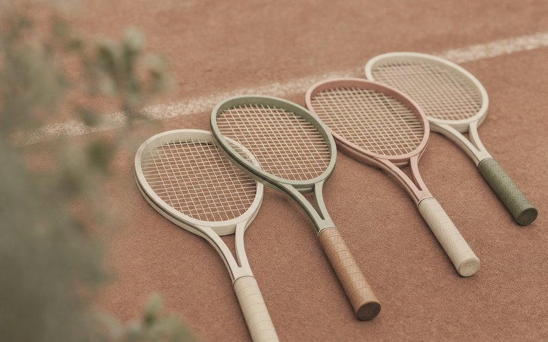Ein Tennisschläger liegt auf einem Sandplatz im weichen Pastelllicht