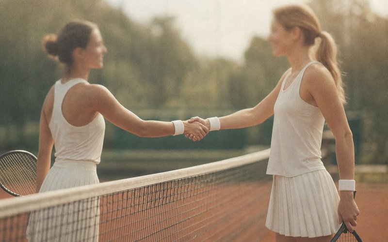Zwei Spieler geben sich am Netz die Hand, in weichem pastellfarbenem Licht